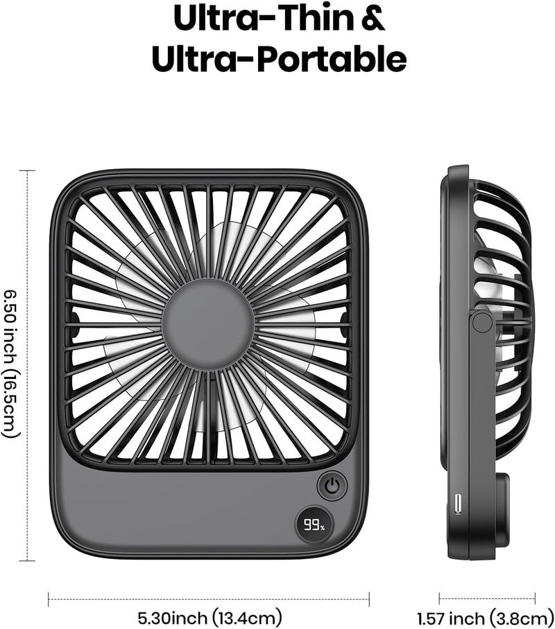 TOPK 2 Pack 5000mAh Portable Desk Fan, Ultra-Thin Rechargeable Battery Operated Fan with Digital Display, Quiet 4-Speed Small Personal Travel Fans for Office, Bedroom, Cruise, Outdoor - Image 4